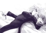  1girl alphy annoyed china_dress chinese_clothes controller cup curly_hair dress female frown greyscale looking_at_viewer lying monochrome on_back on_bed onepunch_man pillow pointing pointing_at_viewer remote_control solo straw tatsumaki thighs tsurime 