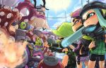  4girls aori_(splatoon) bangs baseball_cap beanie bicycle_helmet bike_shorts black_hair black_shorts blue_eyes blunt_bangs brown_eyes denim denim_shorts domino_mask goggles green_hair grey_hair grimace grin hat headgear helmet hero_charger_(splatoon) hero_roller_(splatoon) hero_shot_(splatoon) highres hotaru_(splatoon) inkling jacket long_hair long_sleeves mask mole mole_under_eye multiple_girls octarian octobomber octosniper octotrooper redhead short_hair short_hair_with_long_locks shorts single_vertical_stripe smile splatoon squidbeak_splatoon standing sunglasses takozonesu tentacle_hair usou_(aomidori) vest 