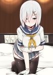  1girl absurdres bed breasts commentary_request gloves green_eyes hair_ornament hairclip hamakaze_(kantai_collection) highres kantai_collection large_breasts mitsudoue on_bed pantyhose pantyhose_pull school_uniform serafuku short_hair skirt solo white_gloves white_hair 