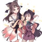  2girls bangs black_hair bow brown_eyes brown_hair cis_(carcharias) dress elbow_gloves eyebrows eyebrows_visible_through_hair gloves grin hair_bow hair_ribbon hand_behind_head hand_on_hip hands_together headband jintsuu_(kantai_collection) kantai_collection long_hair multicolored_hair multiple_girls naganami_(kantai_collection) neckerchief one_eye_closed open_mouth pants pants_under_skirt parted_bangs remodel_(kantai_collection) ribbon school_uniform shirt side_ponytail sketch skirt sleeveless sleeveless_dress smile 