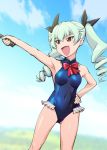  1girl anchovy armpits blue_sky blue_swimsuit breasts brown_eyes clouds covered_navel cowboy_shot drill_hair frilled_swimsuit frills girls_und_panzer hair_ribbon hand_on_hip long_hair open_mouth outstretched_arm ribbon silver_hair sky smile solo swimsuit twin_drills ueyama_michirou 
