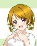  1girl alternate_hairstyle brown_hair clouble daisy fingers_together flower hair_flower hair_ornament hands_on_own_chest highres koizumi_hanayo lips looking_at_viewer love_live!_school_idol_project open_mouth shirt simple_background smile solo two_side_up violet_eyes white_shirt 