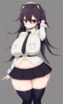  1girl belly black_hair black_legwear breasts curvy filia_(skullgirls) grey_background highres huge_breasts long_hair miniskirt muffin_top navel necktie plump red_eyes samson_(skullgirls) sawati simple_background skirt skullgirls thick_thighs thigh-highs thighs twintails 