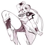  1girl ass breasts chinese_clothes dr.p dragon_quest dragon_quest_dai_no_daibouken leg_lift maam monochrome open_mouth short_hair shouting simple_background solo thighs white_background 