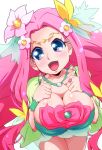  1girl :d blue_eyes blush breasts cleavage cure_felice flower ha-chan_(mahou_girls_precure!) hair_flower hair_ornament hanami_kotoha highres jewelry large_breasts long_hair looking_at_viewer magical_girl mahou_girls_precure! open_mouth pink_hair precure ring ryuuta_(cure_ryuuta) shiny shiny_skin smile solo upper_body white_background 