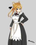  1girl abukuma_(kantai_collection) alternate_costume apron arm_at_side black_dress blonde_hair blue_eyes double_bun dress enmaided hair_between_eyes hair_rings hand_on_hip kantai_collection long_dress long_hair long_sleeves looking_to_the_side maid maid_apron simple_background smile taka_(vert_320) twintails 