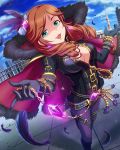 1girl artist_request black_gloves boots bracelet breasts brown_hair building cape earrings elbow_gloves feathers gloves green_eyes hair_ornament idolmaster idolmaster_cinderella_girls imura_setsuna jewelry long_hair official_art solo zipper 