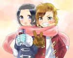  2boys :3 :d black_hair blush brown_eyes brown_gloves brown_hair coat gloves grin idolmaster idolmaster_side-m looking_at_another male_focus multiple_boys okamura_nao open_mouth pink_scarf rice_(rice8p) scarf shared_scarf smile tachibana_shirou v violet_eyes winter_clothes winter_coat 