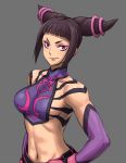  1girl abs artist_request bare_shoulders black_hair breasts capcom detached_sleeves drill_hair evil_smile fingerless_gloves gloves grey_background halter_top halterneck han_juri large_breasts looking_at_viewer midriff navel poncho_(seiga) sideboob simple_background smile street_fighter street_fighter_iv super_street_fighter_iv toned twin_drills 