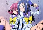  2girls aida_mana blood blue_eyes blue_hair blush cellphone closed_eyes dokidoki!_precure eyebrows hishikawa_rikka long_hair looking_at_another multiple_girls nakahira_guy nosebleed phone pink_hair precure school_uniform short_hair sitting sketch sleeping trembling yuri zzz 