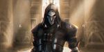  1boy black_jacket character_name coat highres hood hooded_jacket jacket looking_at_viewer mask overwatch reaper_(overwatch) reroi solo trench_coat upper_body 
