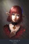  1girl amatchi blue_eyes character_name choker elf elvaan english feathers final_fantasy final_fantasy_xi hair_feathers hair_ornament head_tilt highres jewelry light_rays lilisette looking_to_the_side pointy_ears redhead short_hair solo 