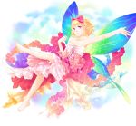  1girl absurdres artist_request bare_shoulders barefoot blonde_hair bow butterfly_wings collarbone dress hair_bow hair_ribbon highres legs original ribbon short_hair smile solo strapless strapless_dress wings 