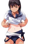  1girl black_hair blue_swimsuit blush closed_mouth competition_school_swimsuit cowboy_shot eyebrows eyebrows_visible_through_hair grey_eyes half-closed_eyes highres lifted_by_self looking_down matsunaga_kouyou navel one-piece_swimsuit original school_swimsuit shirt_lift short_hair short_sleeves smile solo standing stomach swimsuit swimsuit_pull tan tanline tareme undressing 