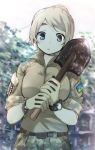  1girl blonde_hair blue_eyes bracelet camouflage camouflage_pants jewelry looking_at_viewer military military_uniform msc_nm pants shovel tagme ukraine ukrainian_flag uniform worktool 