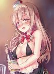  1girl :d alcohol bangs beer black_bikini_top blonde_hair blurry blush bottle bottomless bow bowtie breast_press breasts brown_eyes cleavage cup depth_of_field drinking_glass drunk eyebrows eyebrows_visible_through_hair eyelashes flower foam hair_between_eyes hat holding_bottle kantai_collection large_breasts light_brown_hair long_hair looking_at_viewer mini_hat navel open_mouth pola_(kantai_collection) red_bow red_bowtie red_rose rose shimokirin skirt smile solo unaligned_breasts upper_body very_long_hair yellow_eyes 
