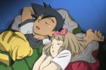  1boy 1girl black_hair bow hair_bow hairband kanaria_(dororotree) light_brown_hair pikachu pokemon pokemon_(anime) pokemon_(creature) satoshi_(pokemon) serena_(pokemon) sleeping sleeping_bag tan 