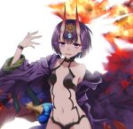  1girl fate/grand_order fate_(series) horns japanese_clothes kimono looking_at_viewer oni open_mouth purple_hair short_hair shuten_douji_(fate/grand_order) smile solo tsuedzu violet_eyes 