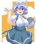  1girl alternate_costume breasts highres large_breasts lavender_hair letty_whiterock one_eye_closed open_mouth oressama shirt short_hair short_sleeves smile solo touhou tray underbust violet_eyes waitress 