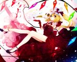  1girl arm_up armpits bare_legs blonde_hair blush bow brooch closed_mouth crystal daimaou_ruaeru demon_wings detached_sleeves dress elbow_gloves flandre_scarlet flower full_body gem gloves hat hat_bow heterochromia high_heels holding holding_hat jewelry long_hair looking_at_viewer magic_circle mob_cap plague_doctor_mask puffy_short_sleeves puffy_sleeves purple_shoes rainbow_order red_bow red_dress red_eyes red_gloves red_rose rose sapphire_(stone) shatter shoes short_sleeves side_ponytail solo touhou vampire violet_eyes white_hat wings 