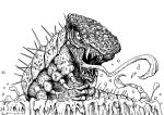  bloodbeast bubble dated deathtrap_dungeon donguri_(gigldfier) extra_eyes fighting_fantasy highres iain_mccaig_(style) lineart long_tongue looking_at_viewer monochrome monster no_humans open_mouth parody sharp_teeth signature slime style_parody teeth tongue 