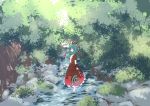  1girl arm_ribbon bush dappled_sunlight day dress forest frilled_dress frilled_ribbon frills green_eyes green_hair hair_ribbon hakuro109 kagiyama_hina long_hair looking_at_viewer nature red_dress ribbon smile solo stream sunlight touhou wading water 