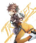  1girl :d ankle_boots arm_up armor armored_boots artist_name ass bomber_jacket boots brown_hair brown_jacket from_behind gauntlets glowing goggles grin hand_in_hair jacket khanshin looking_at_viewer looking_back open_mouth overwatch pants short_hair skin_tight smile solo teeth thigh_strap tracer_(overwatch) white_boots yellow_pants 