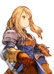  1girl agrias_oaks armor blonde_hair brown_gloves corset faux_traditional_media final_fantasy final_fantasy_tactics floating_hair gloves long_hair looking_afar no_nose official_style orange_eyes sidelocks solo sword taroji weapon white_background 