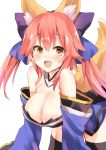  1girl :d amamitsu_kousuke animal_ears bangs bare_shoulders bent_over black_legwear blush bow breasts caster_(fate/extra) cleavage detached_collar detached_sleeves eyebrows eyebrows_visible_through_hair fang fate/extra fate_(series) fox_ears fox_tail hair_between_eyes hair_bow japanese_clothes large_breasts open_mouth pink_hair sidelocks simple_background smile solo tail thigh-highs twintails white_background yellow_eyes 