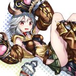  1girl animal_ears bangs blush claw_(weapon) claws collar gloves granblue_fantasy hair_between_eyes kyon_(fuuran) long_hair looking_at_viewer open_mouth red_eyes sen_(granblue_fantasy) silver_hair skirt smile solo weapon 