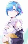  1girl blue_eyes blue_hair breasts detached_collar detached_sleeves frills hair_over_one_eye hair_ribbon kamemushi_(hoozuki) re:zero_kara_hajimeru_isekai_seikatsu rem_(re:zero) ribbon short_hair solo tray x_hair_ornament 