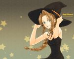  1girl aerith_gainsborough bare_shoulders braid brown_hair dress drill_hair final_fantasy final_fantasy_vii green_eyes grin halloween happy_halloween hat jack-o&#039;-lantern long_hair looking_at_viewer parted_lips pumpkin smile solo square_enix teeth uninin_(uni_breath) wallpaper witch witch_hat 
