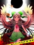  &gt;:3 1girl :3 arm_cannon arm_up bird_wings black_hair black_shirt black_sun black_wings blush bow breasts caution_tape cowboy_shot derivative_work eclipse green_bow green_skirt hair_bow highres hybrid_(artist) long_hair looking_at_viewer midriff navel no_bra pointy_ears red_eyes reiuji_utsuho shirt short_sleeves skirt solo sun third_eye touhou under_boob very_long_hair weapon wings 