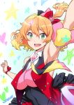  1girl :d arm_up armpits blonde_hair breasts covered_nipples freyja_wion green_eyes joy_ride looking_at_viewer macross macross_delta open_mouth short_hair sleeveless smile solo teeth 