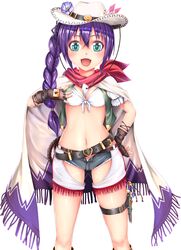  1girl :d ayase_tamaki belt black_gloves blush braid cape cowboy_hat cowboy_shot fingerless_gloves flower flower_knight_girl gloves green_eyes hat hat_flower lisianthus_(flower_knight_girl) long_hair looking_at_viewer midriff navel open_mouth panties purple_hair red_scarf scarf short_shorts shorts side_ponytail smile solo underwear white_background white_hat white_panties 