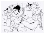  3boys bald coat contemporary extra facial_hair fur_trim gun handgun looking_at_viewer male_focus multiple_boys mustache orionwo osomatsu-kun pistol pompadour scar surgical_mask translation_request twitter_username weapon wrench 