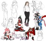  absurdres baiken baked_potato bare_shoulders black_legwear blazblue breasts bridget_(guilty_gear) brown_hair china_dress chinese_clothes chipp_zanuff cleavage collage crossover dress fighting_stance flat_chest glasses greninja guilty_gear highres kuradoberi_jam large_breasts litchi_faye_ling makai mienshao multiple_girls pancham pokemon pokemon_(creature) red_dress sketch sylveon teddiursa towel towel_around_neck wide_sleeves 