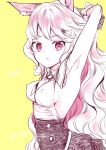  1girl :o armpits bare_shoulders blush breasts character_request covered_nipples granblue_fantasy long_hair looking_at_viewer monochrome parted_lips pink sakura_hanatsumi sideboob simple_background sleeveless small_breasts solo wavy_hair yellow_background 
