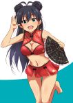  1girl barefoot black_hair blue_eyes breasts cleavage ganaha_hibiki holding idolmaster lieass long_hair looking_at_viewer navel open_mouth solo 