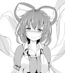  1girl blush breasts cleavage collarbone dress fujisaki_dahoma greyscale hair_ornament hair_rings hair_stick kaku_seiga large_breasts looking_at_viewer monochrome nose_blush shawl smile solo touhou upper_body vest 