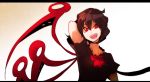  1girl arm_up asymmetrical_wings black_dress black_hair crashtv dress fang gradient gradient_background houjuu_nue letterboxed looking_at_viewer open_mouth red_eyes short_hair short_sleeves smile solo touhou upper_body wings 