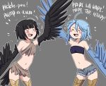    &gt;_&lt; 2girls :d ahoge bandeau black_hair black_wings blue_hair blue_wings blush_stickers character_name closed_eyes cowboy_shot crossover dark_souls_iii grey_background harpy iwbitu-sa monster_girl monster_musume_no_iru_nichijou multiple_girls navel open_mouth papi_(monster_musume) personification pickle_pee_pump-a-rum_crow scales short_hair simple_background smile souls_(from_software) wings xd 