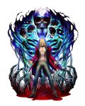  1boy abs bare_chest blonde_hair blood bone coat evil_grin evil_smile full_body grin hair_over_eyes highres jewelry long_hair luen_kulo male_focus muscle navel necklace open_clothes open_coat open_hands original signature skeleton skull smile solo 