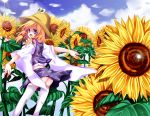  1girl :d ass blonde_hair blue_eyes blush clouds cloudy_sky flower hair_ribbon hat hoozuki_shia japanese_clothes leaf long_sleeves looking_at_viewer looking_back moriya_suwako no_panties open_mouth outstretched_arms red_ribbon ribbon sidelocks skirt skirt_set sky smile solo spread_arms sunflower sunlight touhou tress_ribbon vest white_legwear wide_sleeves 