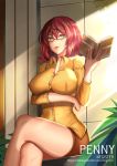 1girl bespectacled book breasts brown_hair character_name crossed_legs curly_hair glasses green_eyes large_breasts looking_at_viewer negister penny_(stardew_valley) short_hair solo stardew_valley watermark 