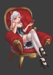 1girl bow chair collarbone crossed_legs crown cup drinking_glass elf frills hand_on_own_face high_heels highres long_hair one_eye_closed pointy_ears red_eyes shiraha_(pixiv10239953) simple_background solo strap_slip thigh-highs white_hair zettai_ryouiki 