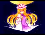  &gt;:) 1girl blonde_hair dress gap hair_ribbon hat hat_ribbon kuroshiroduet layered_dress long_hair mob_cap moon ribbon tabard touhou violet_eyes yakumo_yukari 