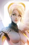  1girl blonde_hair blue_eyes bodysuit high_ponytail mechanical_halo mechanical_wings mercy_(overwatch) overwatch ponytail short_hair solo wings zolaida 