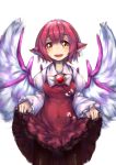  1girl animal_ears bird_wings black_legwear breasts highres lifted_by_self looking_at_viewer mystia_lorelei nano_(ex925868312) no_hat open_mouth pantyhose pink_hair short_hair skirt skirt_lift smile solo touhou wings yellow_eyes 