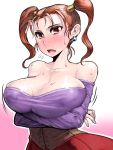  1girl blush breasts cleavage corset dragon_quest dragon_quest_viii dress earrings highres jessica_albert jewelry large_breasts long_hair misonou_hirokichi open_mouth purple_shirt redhead shirt solo twintails 